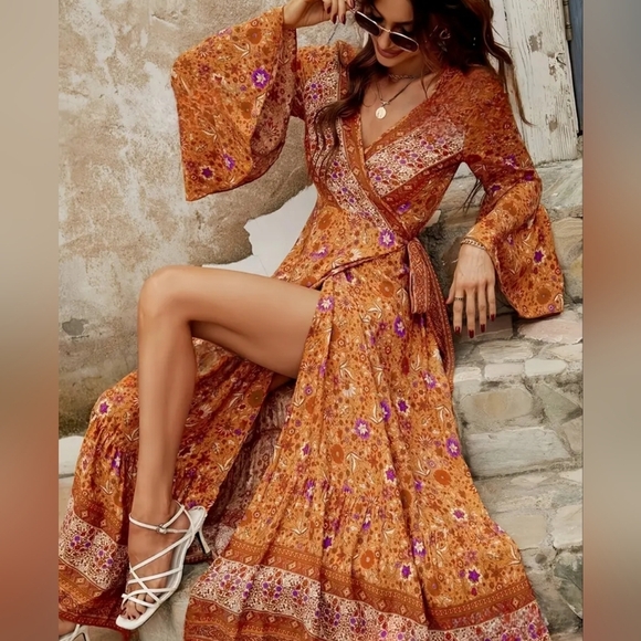 New! Bohemian Orange Floral Maxi Dress Size Medium NWT! - Picture 2 of 5